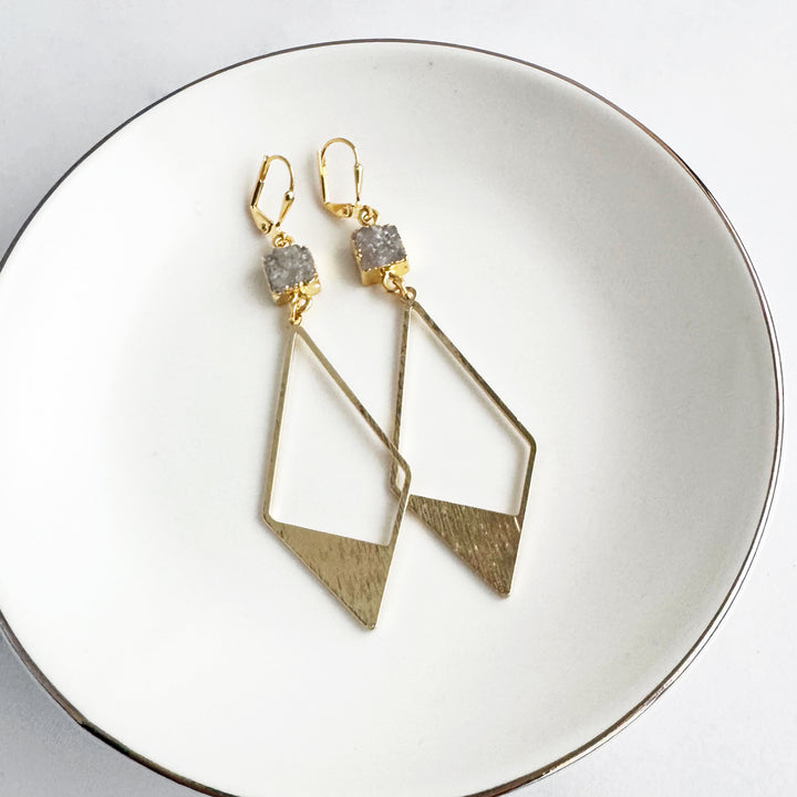 Natural Druzy and Diamond Pendant Earrings in Brushed Gold