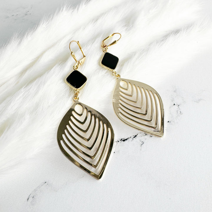 Black Onyx Leaf Statement Earrings in Brass Gold