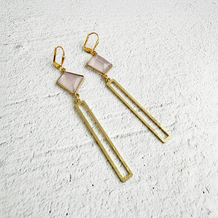 Rose Quartz Rectangle Dangle Earrings in Brushed Gold