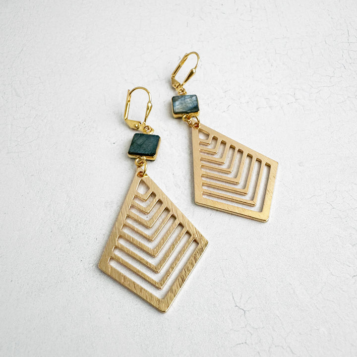 Labradorite Diamond Dangle Earrings in Brushed Gold