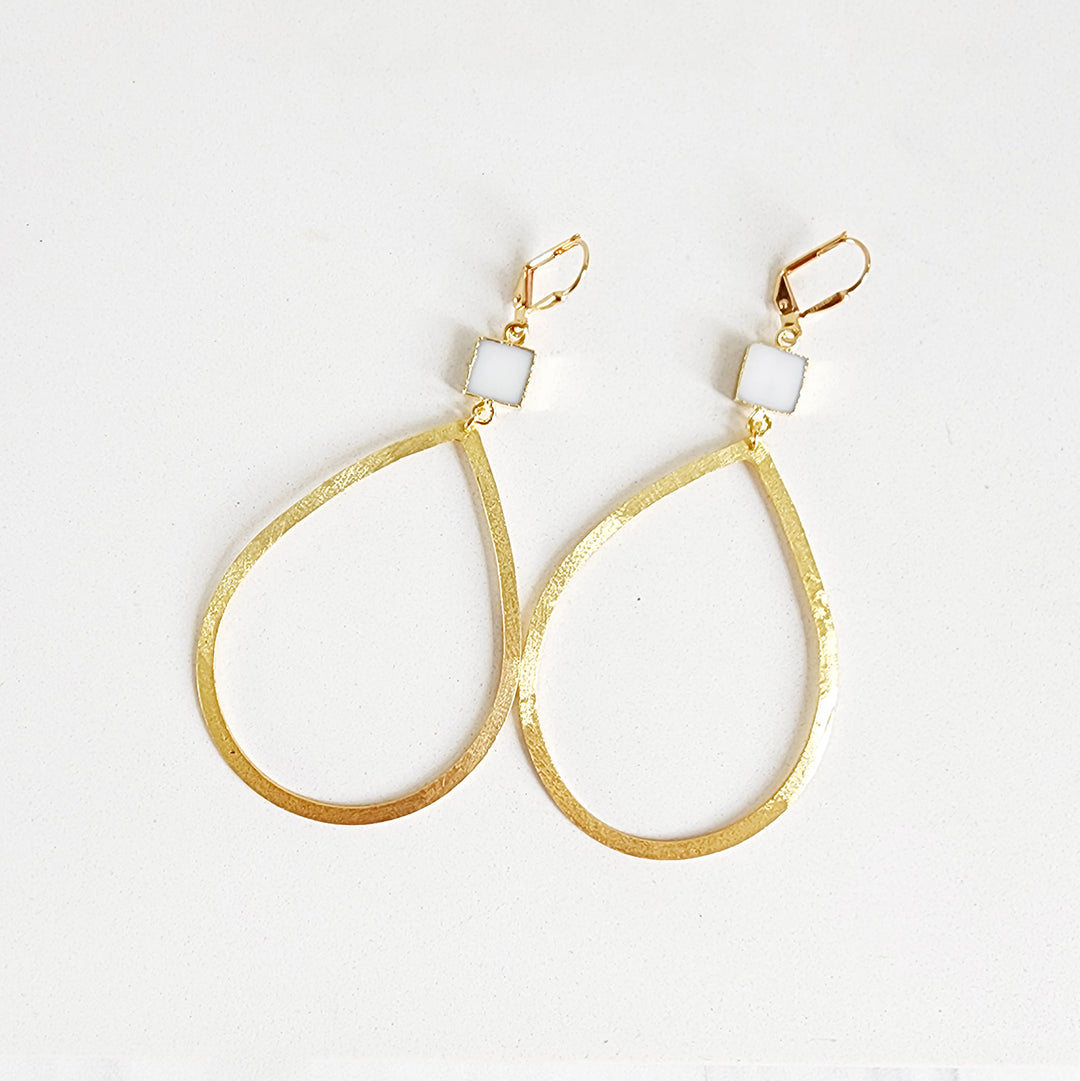 Large Teardrop and White Agate Dangle Earrings in Brushed Brass Gold