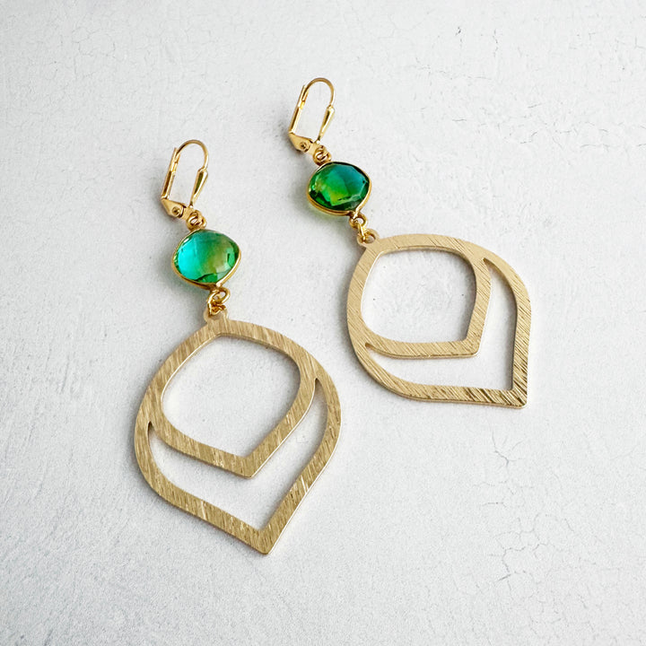 Double Teardrop Dangle Earrings with Green Aura Quartz in Brushed Gold. Statement Dangle Earrings. Gold Drop Earrings