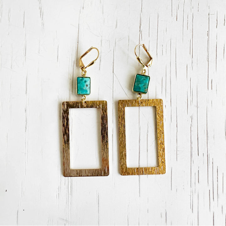 Turquoise Rectangle Statement Earrings in Brushed Gold