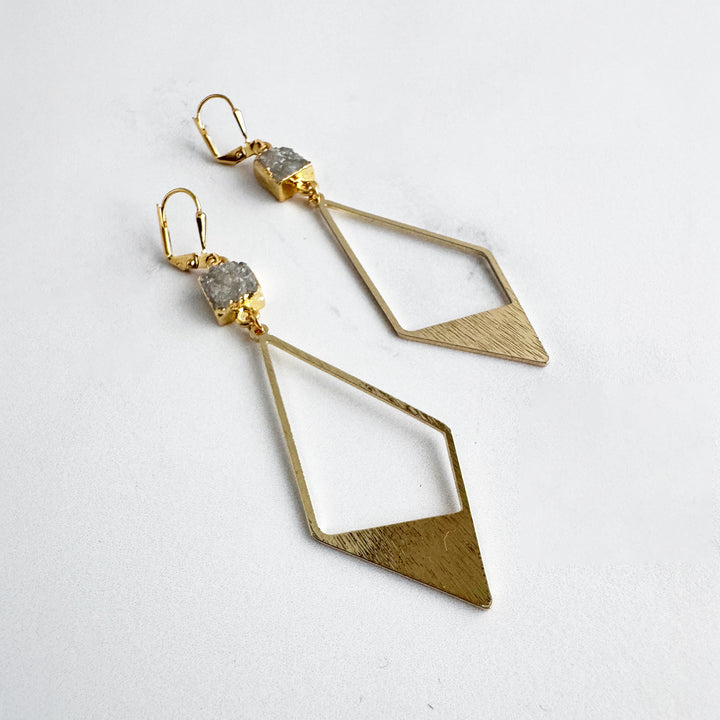 Natural Druzy and Diamond Pendant Earrings in Brushed Gold