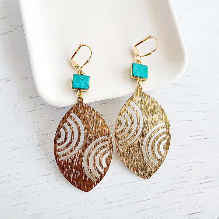 Tibetan Turquoise and Rainbow Etched Marquise Earrings in Brushed Gold