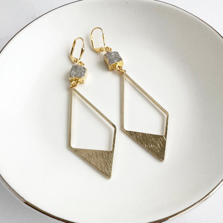 Natural Druzy and Diamond Pendant Earrings in Brushed Gold