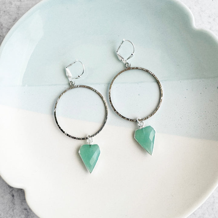 Aqua Chalcedony Shield Hoop Dangle Earrings