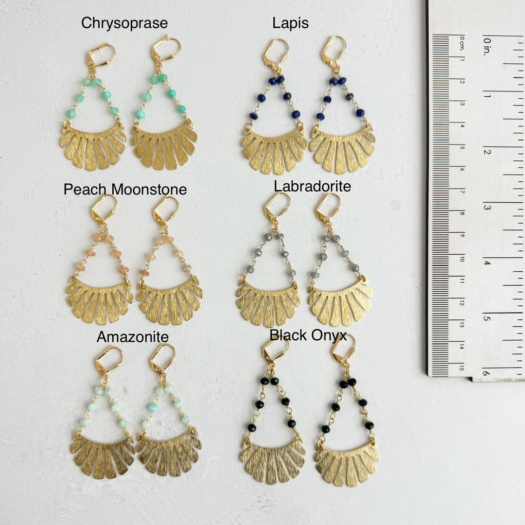 Beaded Stone Brushed Brass Fan Dangle Earrings in Gold