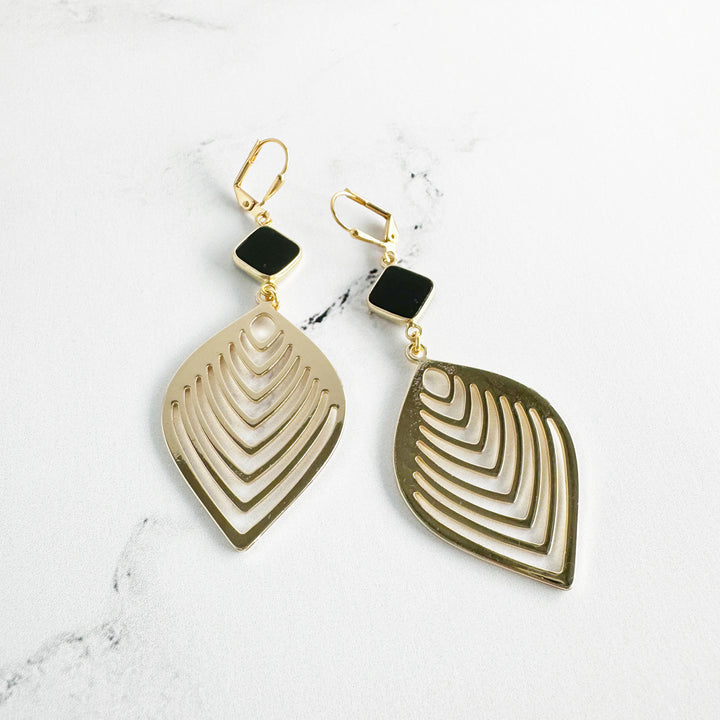 Black Onyx Leaf Statement Earrings in Brass Gold