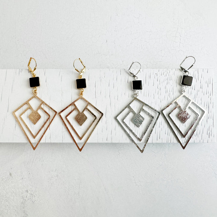 Unique Large Celtic Statement Earrings with Black Onyx Stones in Gold and Silver