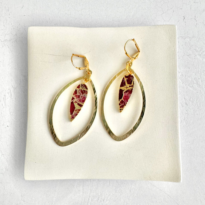 Fuchsia Mojave Marquise Dangle Earrings in Brushed Gold