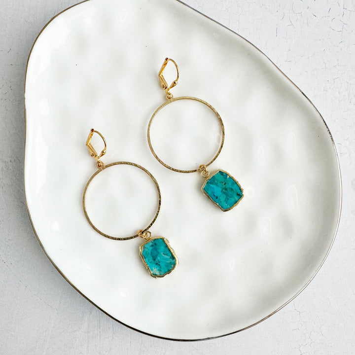 Freeform Turquoise Hoop Dangle Earrings in Brushed Gold