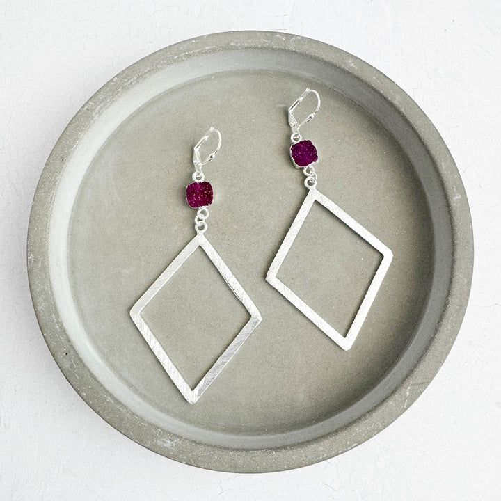 Fuchsia Druzy Diamond Pendant Earrings in Brushed Silver