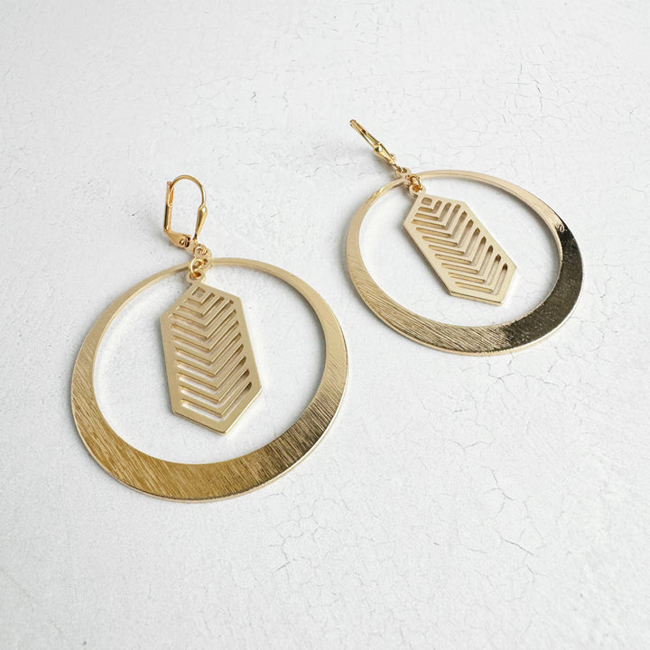 Chevron Hoop Dangle Earrings in Brushed Gold