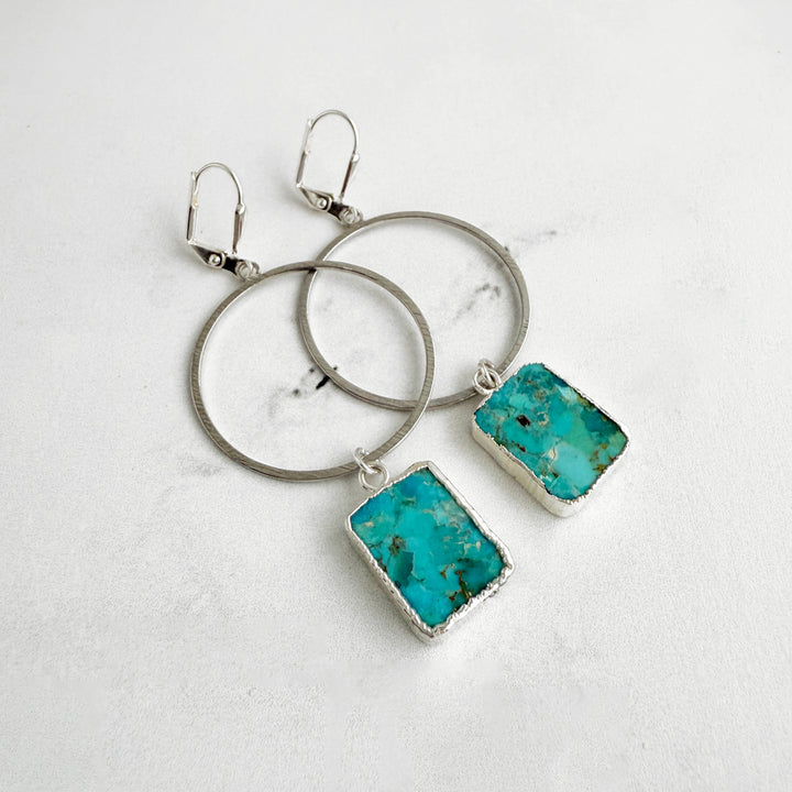 Turquoise Freeform Slice Hoop Dangle Earrings in Brushed Silver