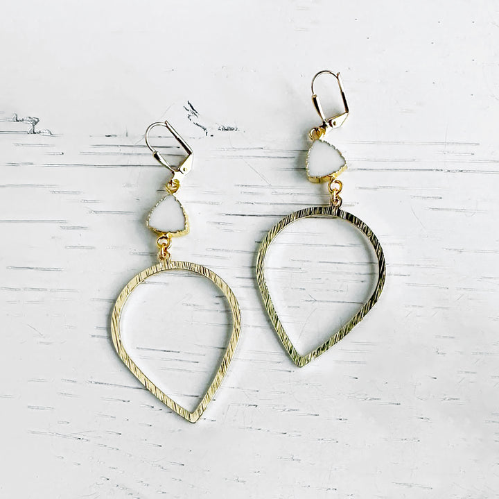 White Agate Statement Earrings in Brushed Brass Gold