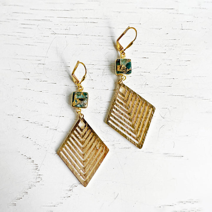 Teal Mojave Statement Earrings with Patterned Diamond Pendants in Brushed Gold