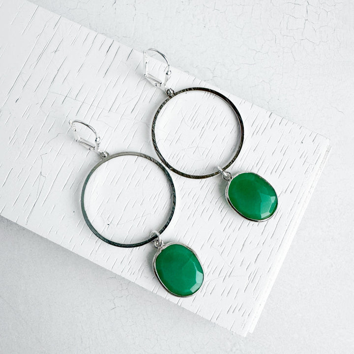 Green Onyx Hoop Dangle Earrings in Brushed Silver