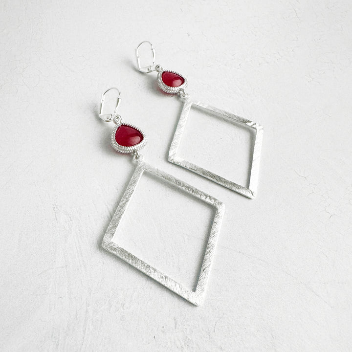 Fuchsia Stone Diamond Earrings in Brushed Silver