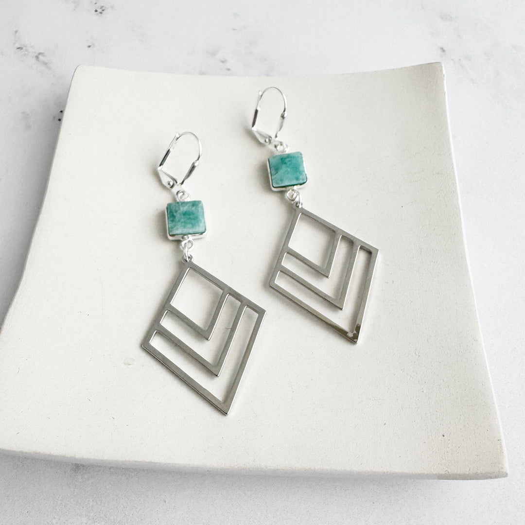 Amazonite and Layered Diamond Statement Earrings in Silver