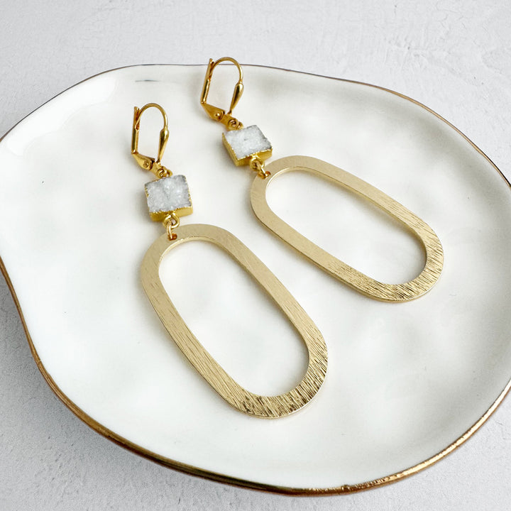 Square White Druzy Open Oval Statement Earrings in Brushed Gold
