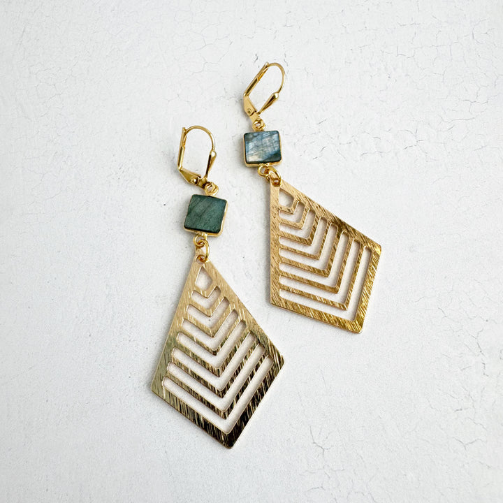 Labradorite Diamond Dangle Earrings in Brushed Gold