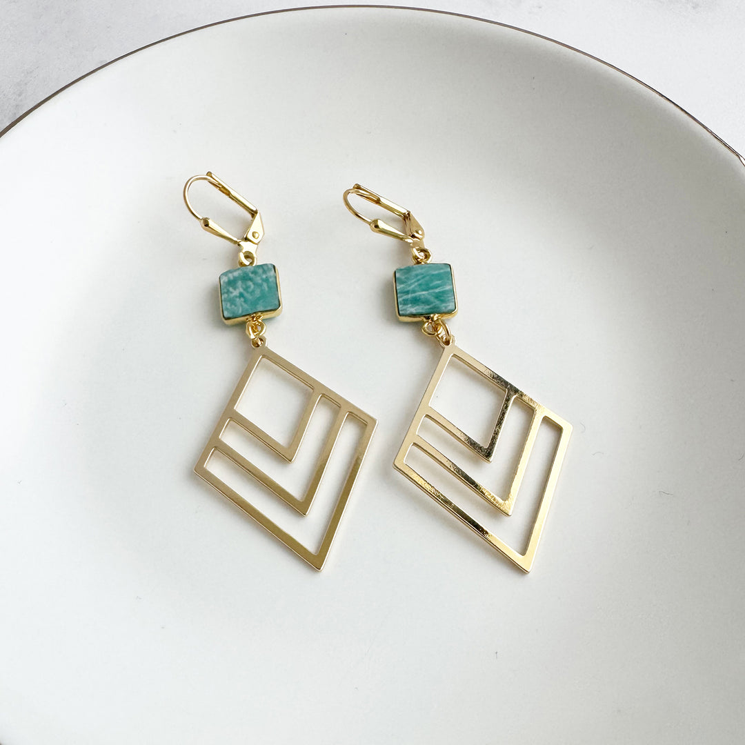 Amazonite and Layered Diamond Statement Earrings in Gold