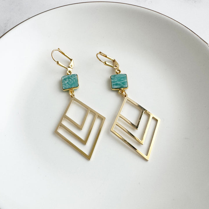 Amazonite and Layered Diamond Statement Earrings in Gold