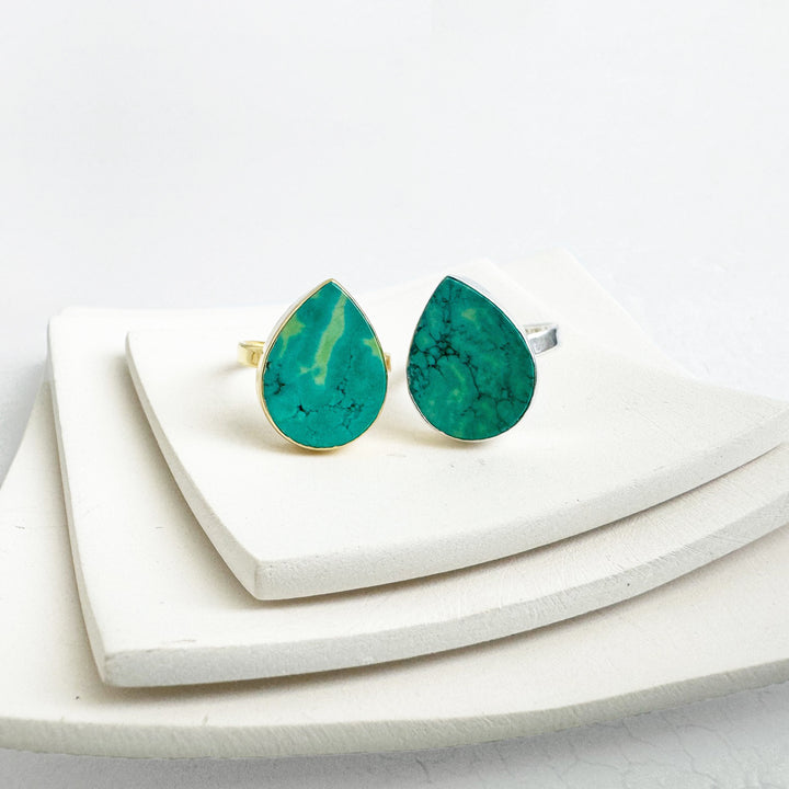 Natural Turquoise Teardrop Ring in Gold and Silver