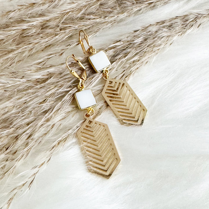 White Agate Chevron Dangle Earrings in Brass Gold