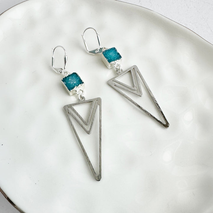 Layered Triangle Brushed Silver Earrings with Ocean Blue Druzy Stones