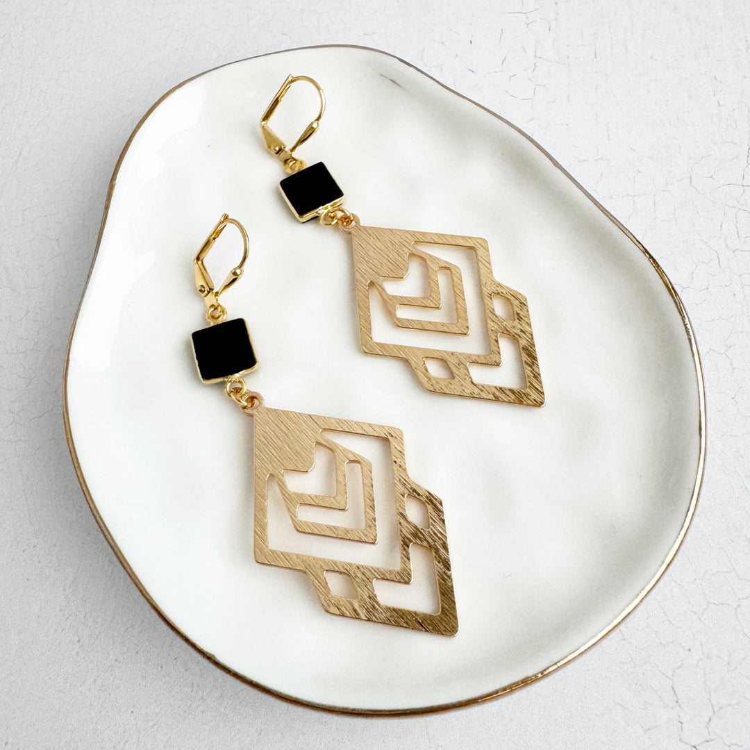Black Onyx Celtic Earrings in Brushed Gold