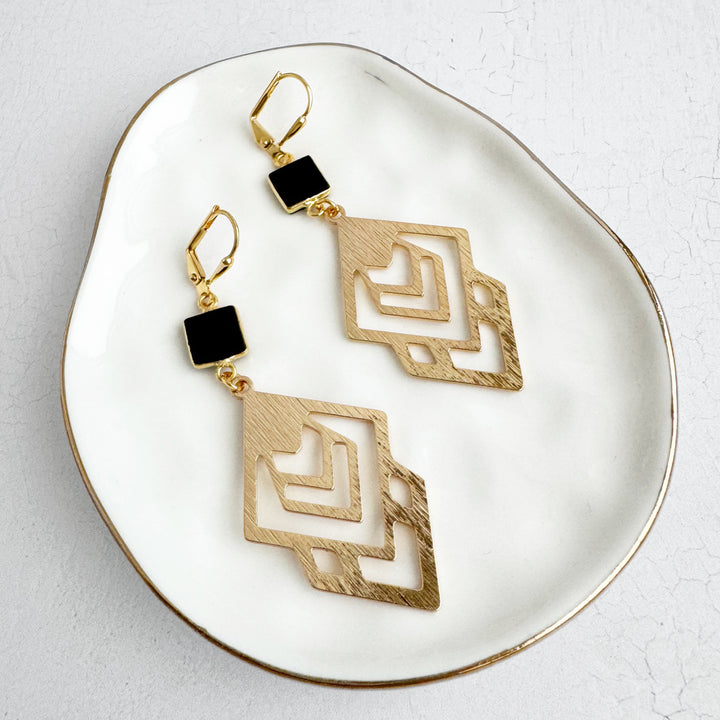 Black Onyx Celtic Earrings in Brushed Gold