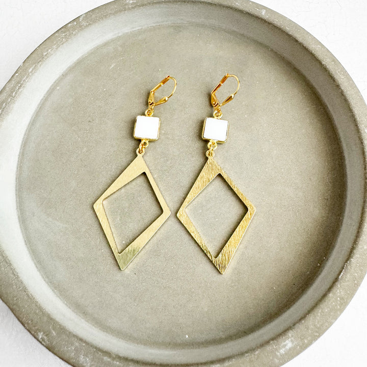 White Stone Diamond Pendant Earrings in Brushed Gold