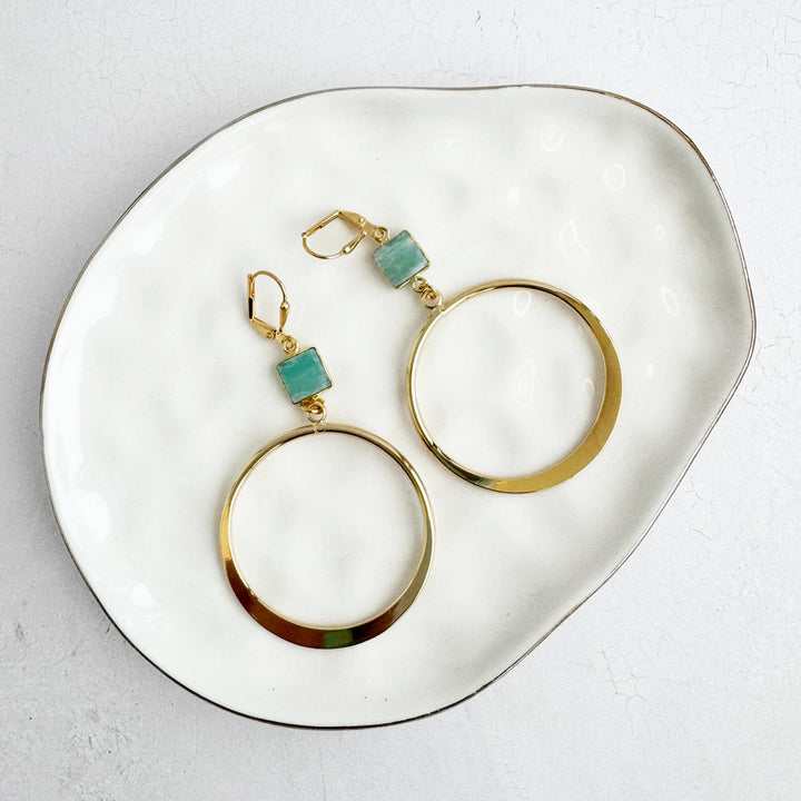 Amazonite Hoop Dangle Earrings in Gold. Statement Dangle Earrings. Gold Hoop Earrings