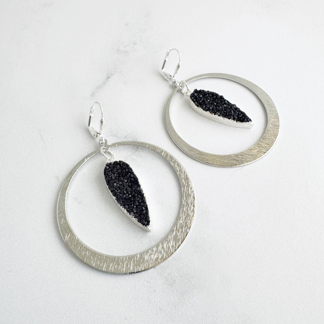 Black Druzy Hoop Statement Earrings in Brushed Silver