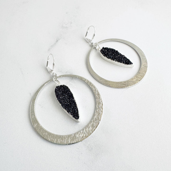Black Druzy Hoop Statement Earrings in Brushed Silver