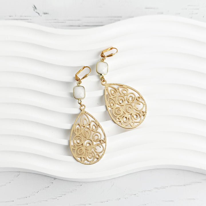 White Agate Teardrop Statement Earrings in Brushed Gol