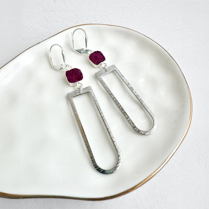 Fuchsia Druzy Horseshoe Earrings in Brushed Silver