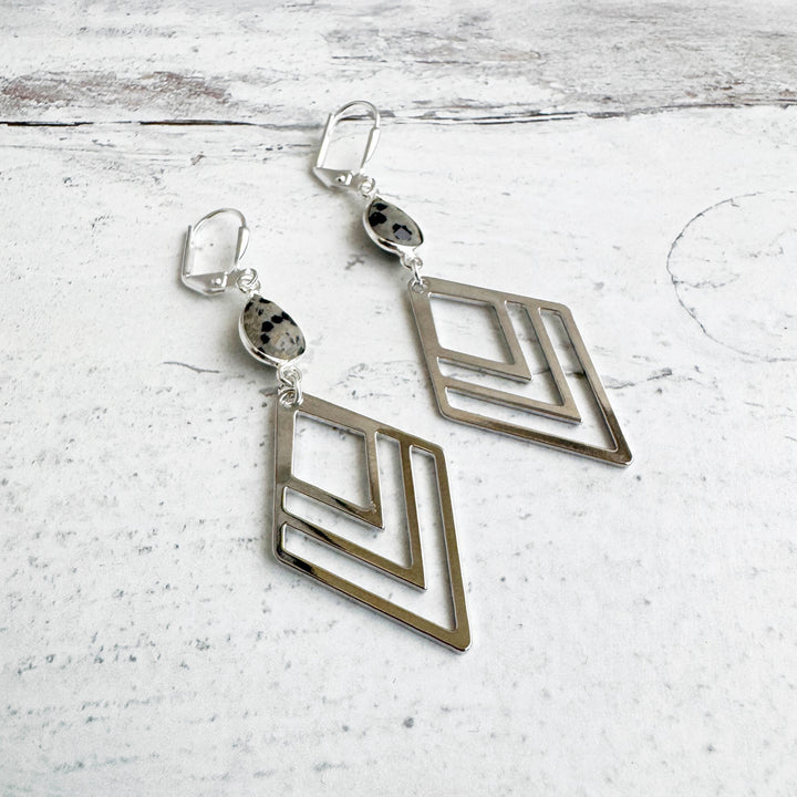 Dalmatian Jasper and Layered Diamond Statement Earrings in Silver