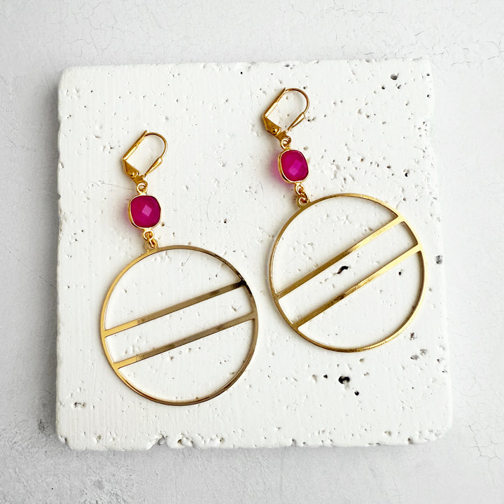 Fuchsia Chalcedony Geometric Hoop Earrings in Gold