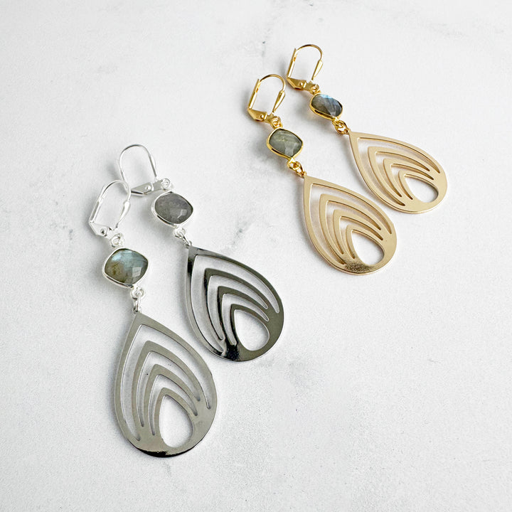 Lotus Teardrop Earrings with Labradorite Stones
