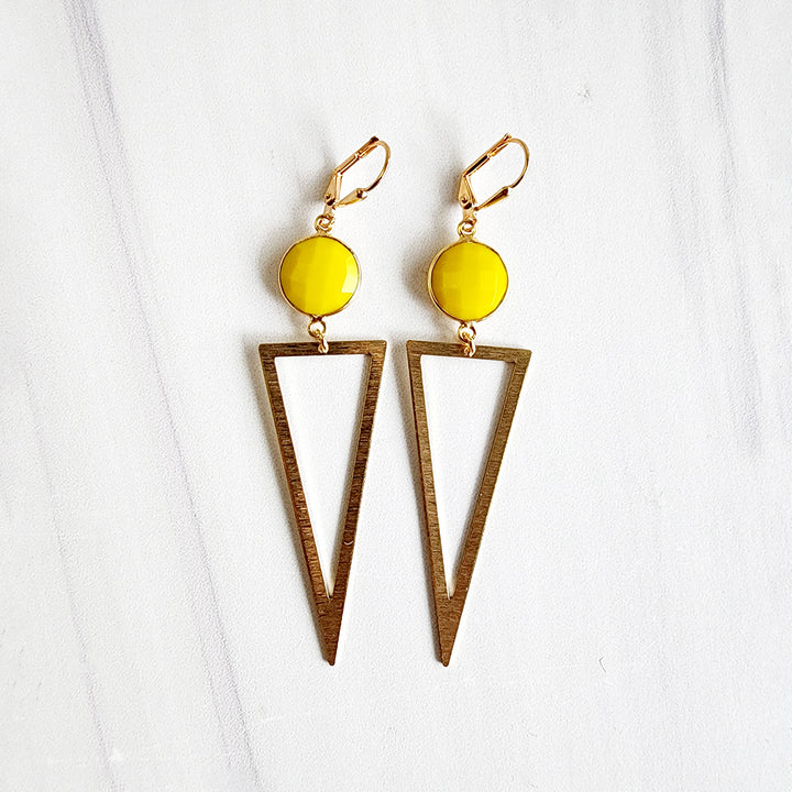 Yellow Agate Triangle Dangle Earrings in Brushed Gold