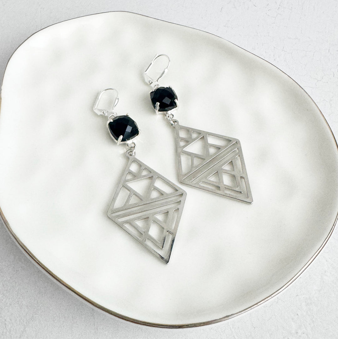 Black Onyx Geometric Diamond Earrings in Silver