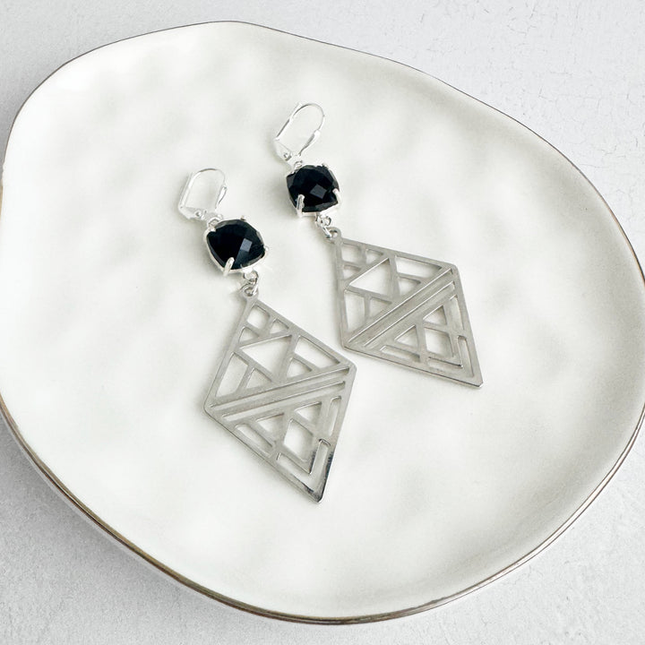 Black Onyx Geometric Diamond Earrings in Silver