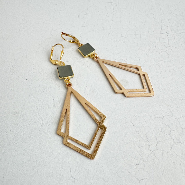 White Quartz and Double Kite Statement Earrings in Brushed Gold