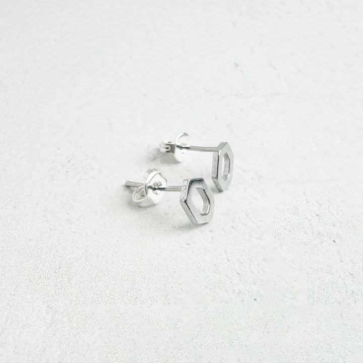 Open Hexagon Stud Earrings in Silver