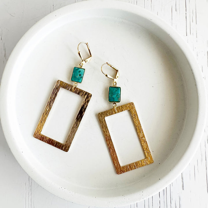 Turquoise Rectangle Statement Earrings in Brushed Gold