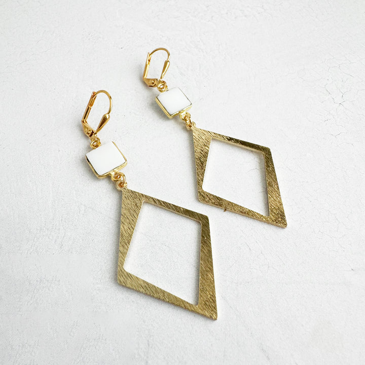 White Stone Diamond Pendant Earrings in Brushed Gold