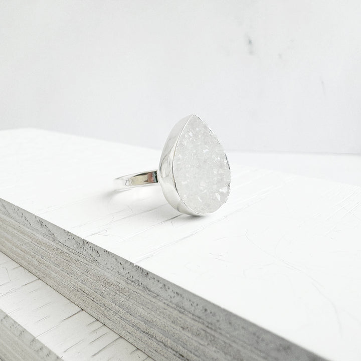 White Druzy Teardrop Ring in Silver